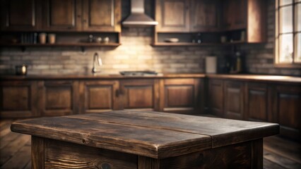 Rustic Wooden Tabletop with Blurred Background of a Kitchen with Cabinets, Brick Wall, and a Window