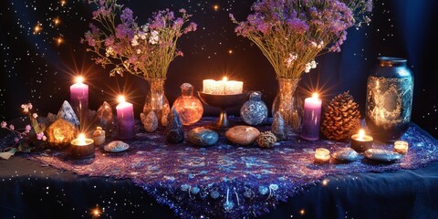 Unconventional approach to mental healing featuring an altar for rituals aimed at removing negative energy and cleansing the aura, illustrating a wicca concept of mental healing.