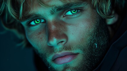 Close-up portrait of a man in black illuminated by pastel neon lights and glowing snowflakes in an underground atmosphere