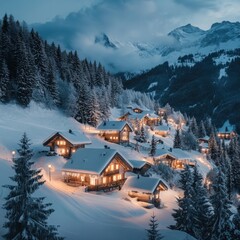 Winter wonderland village scene snowy mountains photography serene evening panoramic view cozy atmosphere