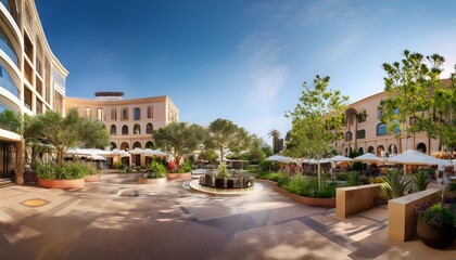 Fototapeta premium Mediterranean Courtyard Luxury Resort Sunny Plaza Outdoor Oasis Shops Fountain