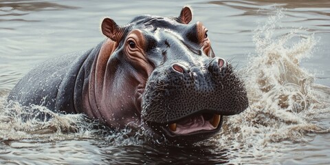 Fototapeta premium Hippopotamus enjoying a refreshing dip in the water, cooling down while showcasing its large body and playful behavior. This hippo is delighting in the water, emphasizing its natural habitat.