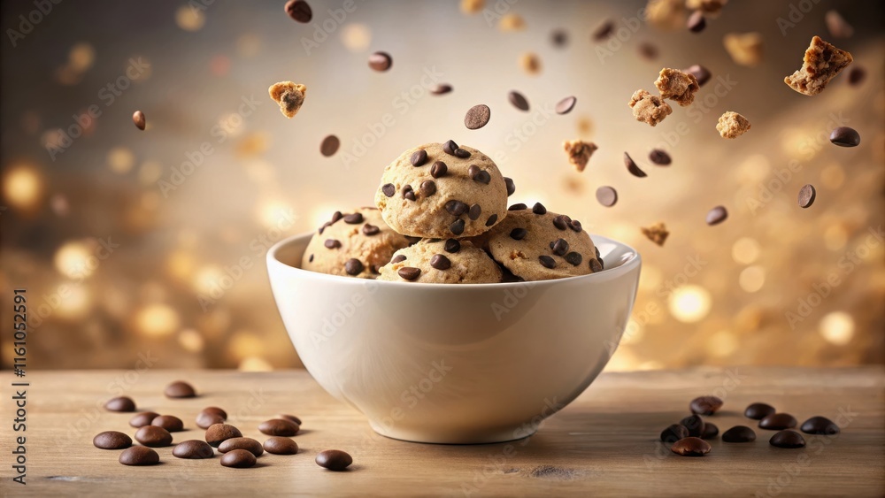 Aufkleber chocolate chip cookies falling into a bowl on a wooden table with a blurred bokeh background.