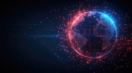Fototapeta premium Futuristic digital globe with red and blue connections on dark background