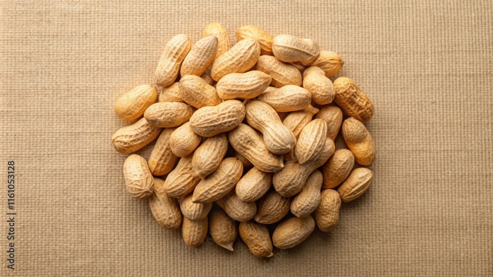 Poster a heap of unshelled peanuts, arranged in a circular shape, on a textured brown background.