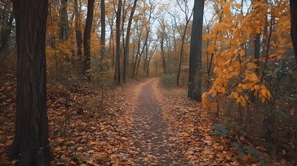 Obraz premium Autumn Forest Path: A picturesque path winds through a canopy of golden leaves, inviting exploration and tranquility. The soft light filters through the trees, creating a sense of peace and serenity.