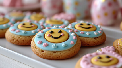Cheerful emoji themed cookies with intricate icing designs, featuring smiling faces surrounded by pastel blue and pink decorations, displayed on white tray