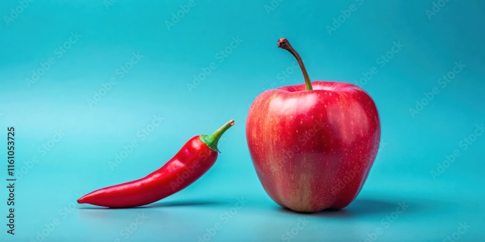 Aufkleber A single red apple and a single red chili pepper on a turquoise background with space for text.