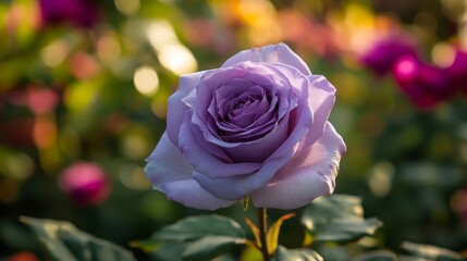 Close up of a beautiful violet rose showcasing its delicate petals and vibrant color in a lush garden setting, highlighting the beauty of nature through this stunning violet rose.