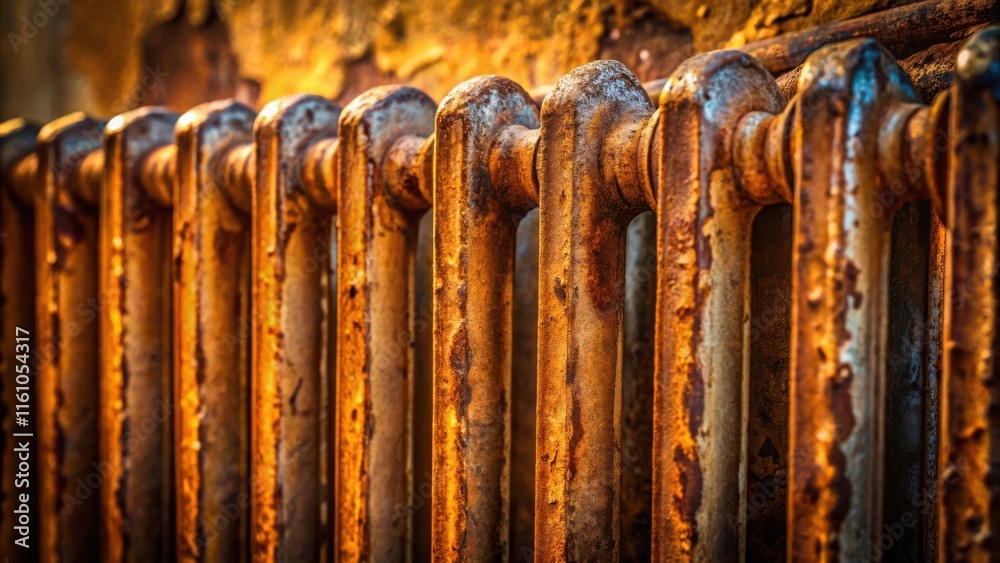 Poster a close-up of an old rusty radiator, revealing the intricate details and textures of its aged surfac