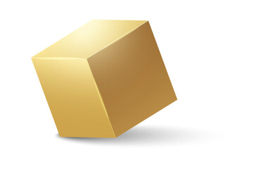 3d gold metallic cube. Realistic vector geometric shape. Golden glossy box with shadow