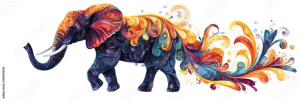 Poster colorful illustration of an elephant walking with vibrant swirls and patterns in a creative design. 