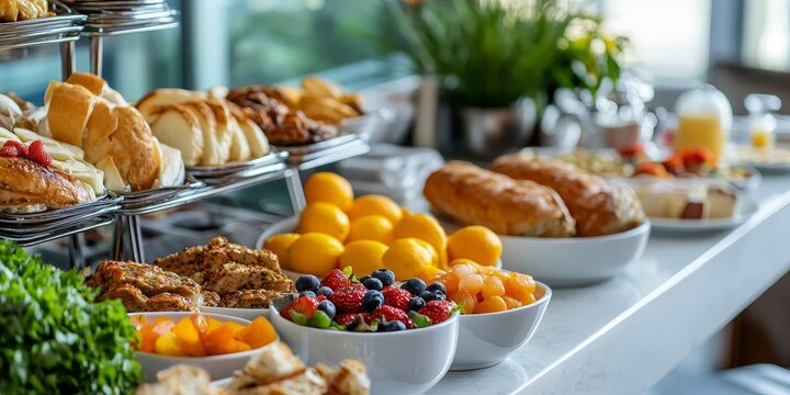 Assortment of breakfast food items artfully displayed for hotel guests, showcasing a variety of delicious options designed to delight hotel guests during their stay.
