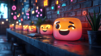 Fototapeta premium vibrant scene of glowing emoji shaped lamps on bar counter in cozy, neon lit cafe, creating playful and cheerful atmosphere with colorful lights and decor