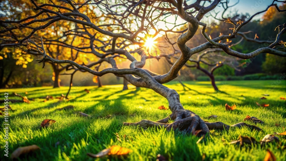 Poster a low angle view of a gnarled tree branch stretching across a grassy field, illuminated by a warm su