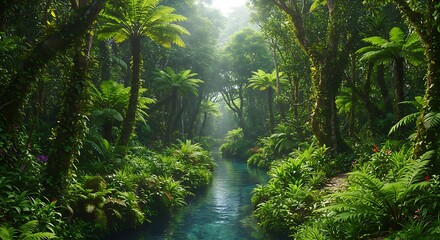 Obraz premium Lush tropical jungle. Green trees, plants, ferns, and palms. Radiant foliage.