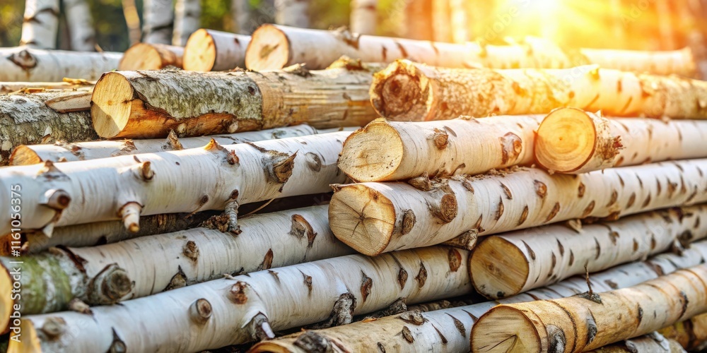 Poster A Stack of Birch Logs Bathed in Golden Sunlight, the Light Filtering Through the Gaps and Highlighting the Distinctive Bark Patterns