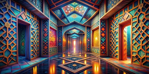An intricately designed hallway with ornate arches and vibrant geometric patterns, illuminated by soft golden light emanating from the end of the passageway.