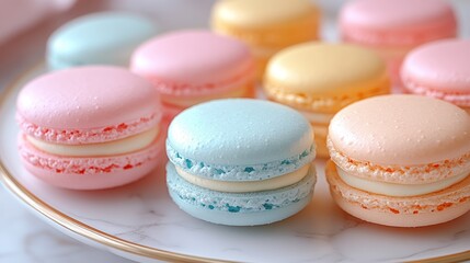 Fototapeta premium Colorful macarons arranged on a decorative plate.