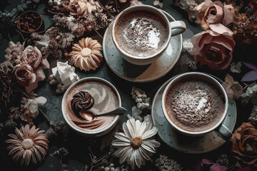Cup of hot chocolate cacao, old book and spring cherry flowers on wooden background. Reading concept