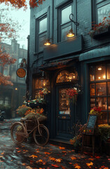 Naklejka premium The building has a bike rack outside and a potted plant on the sidewalk. The front door is open and there is a bench outside