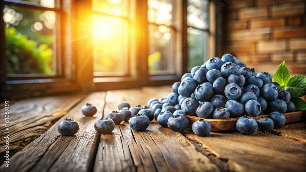 Poster A Pile of Fresh Blueberries on a Rustic Wooden Table with a Window in the Background