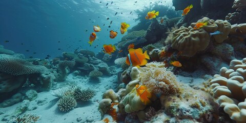 Fototapeta premium A beautiful underwater scene in a coral reef. Vibrant fish and rich marine life surround the viewer, showcasing a thriving ecosystem for scuba divers to explore.