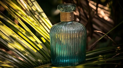 Elegant glass perfume bottle amidst lush greenery