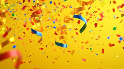 Obraz premium Colorful confetti and streamers celebration on vibrant yellow background