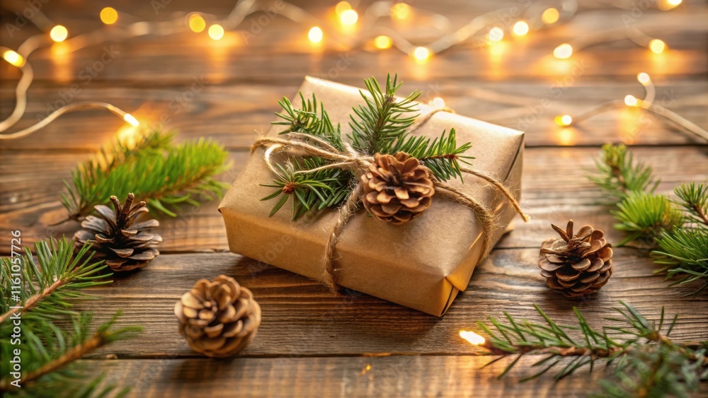 Poster a rustic brown gift box decorated with pine branches and pine cones, illuminated by warm string ligh