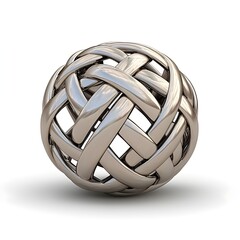 A highly detailed, 3D rendered image of a metallic sphere with a complex, interwoven, basketweave or lattice design.