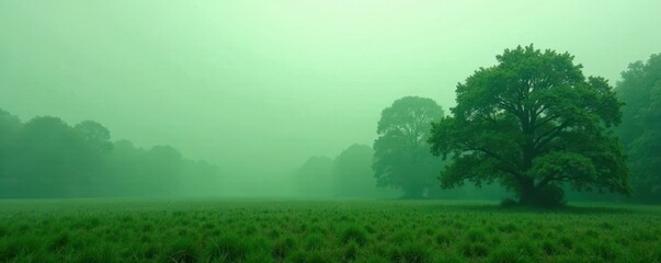 Fototapeta premium Misty forest landscape with blurred trees in the foreground and a soft green background, foliage, woods, forest