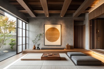 Japandi minimalist interior design living room modern space high fidelity serene environment stylish viewpoint