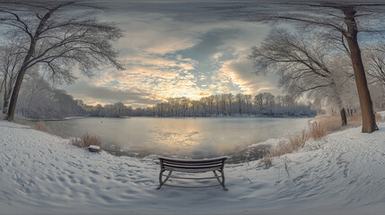 Frostige Winterlandschaft mit Bank am ruhigen See und dramatischem Himmel

