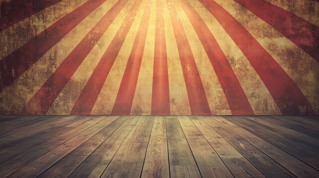 Vintage Circus Stage with Radiant Sunburst Backdrop and Wooden Floorboards for Performances and Shows