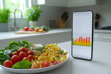 smartphone showcases detailed macro breakdown data while plate filled balanced meal sits next it in bright airy kitchen. setting emphasizes healthy eating and food tracking.