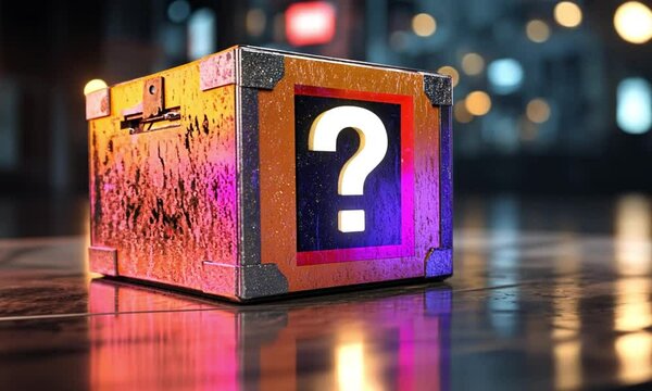 A neon-lit mystery box with a question mark surrounded by reflective surfaces in a futuristic setting.	 - Powered by Adobe