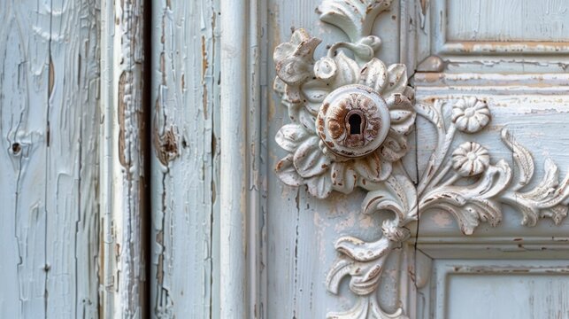 Ornate, weathered doorknob and wooden door with peeling light blue paint.