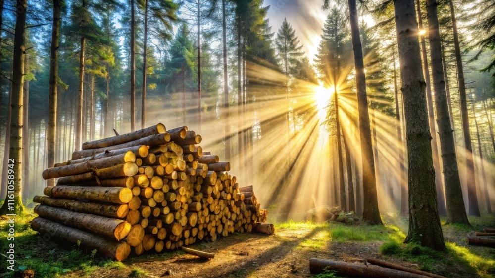Aufkleber Sunlight streams through the forest canopy illuminating a stack of logs left by foresters, creating a striking contrast of natural beauty and human impact.