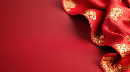 Happy Chinese New Year. Elegant red fabric with golden patterns on a smooth surface.