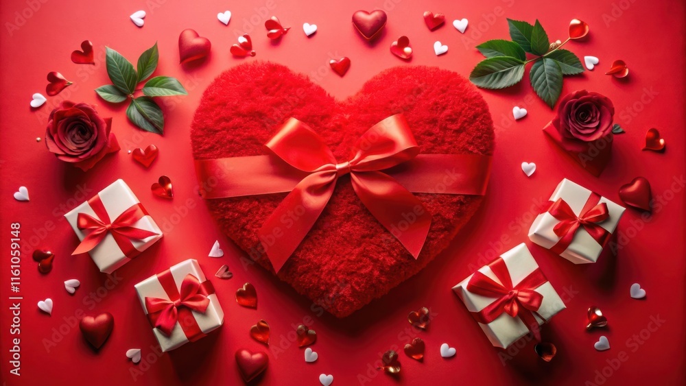 Poster red plush heart with bow surrounded by red roses and gifts on a red background