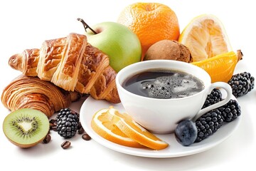 A plate of breakfast foods including coffee, pastries, and fresh fruit.