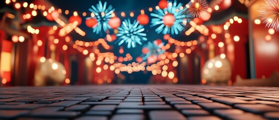3D depiction of Lunar New Year 2025, fireworks lighting up the night sky, lively celebrations, vibrant decorations, capturing the magic of the holiday season with family and friends