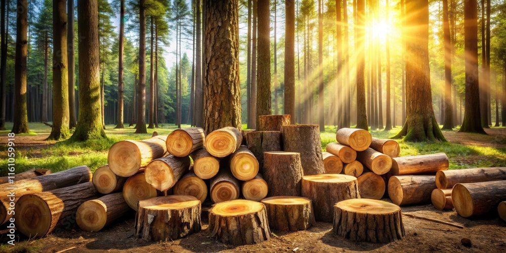 Aufkleber a pile of cut logs in a forest setting, bathed in the golden light of the setting sun