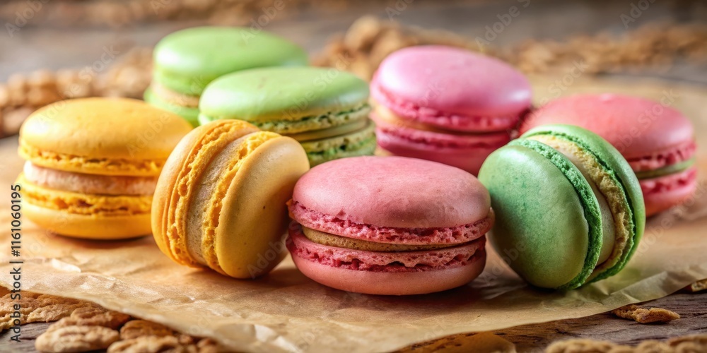 Poster a delightful assortment of pastel macarons, each with a delicate shell and a creamy filling, rests o