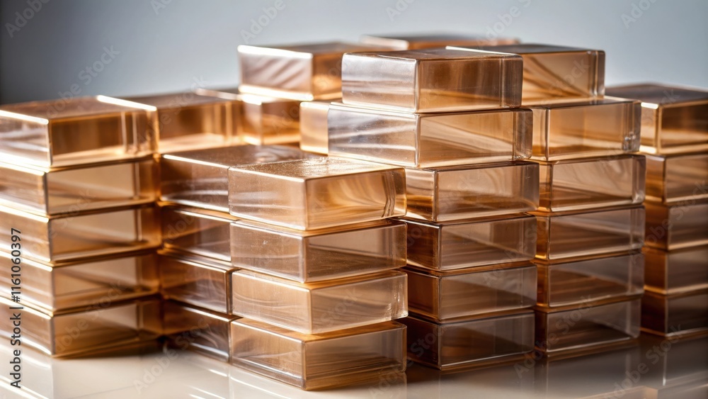 Poster A stack of translucent amber-colored rectangular blocks arranged in an asymmetrical pattern, reflecting light and creating a visually interesting composition.