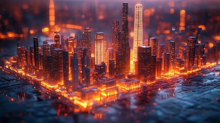 Obraz premium Futuristic city glowing at night, aerial view.