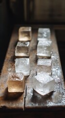 Unique arrangement of transparent and colored ice cubes in a wooden tray