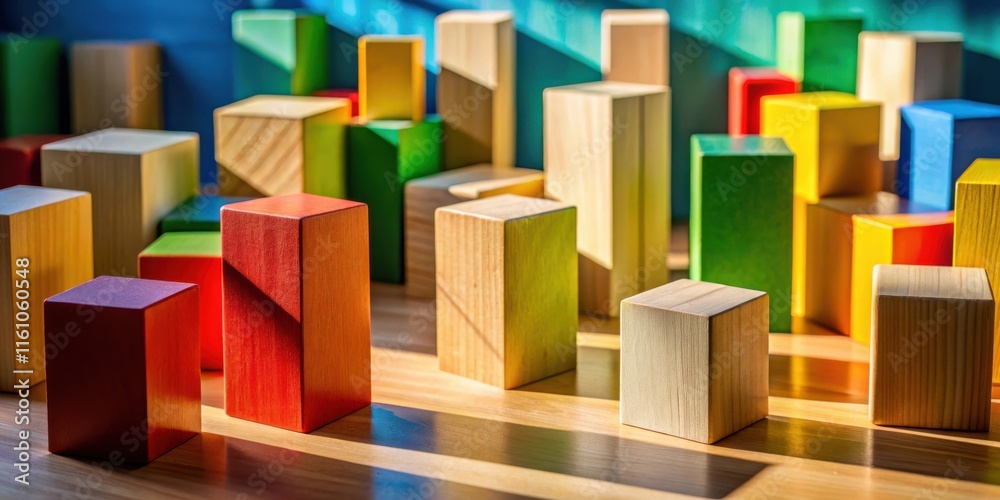 Poster a vibrant array of wooden blocks, arranged in a chaotic yet harmonious composition, casts captivatin