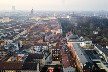 Views of the city of Turin at sunset from the dome of the Mole Antonelliana
